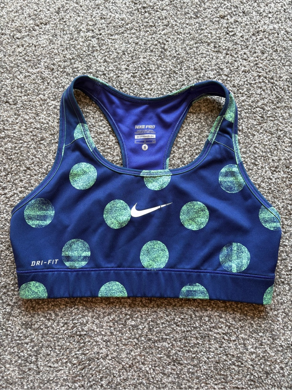 Nike Pro Drifit Sports Bra Cobalt and Mint Polka Dots Size small